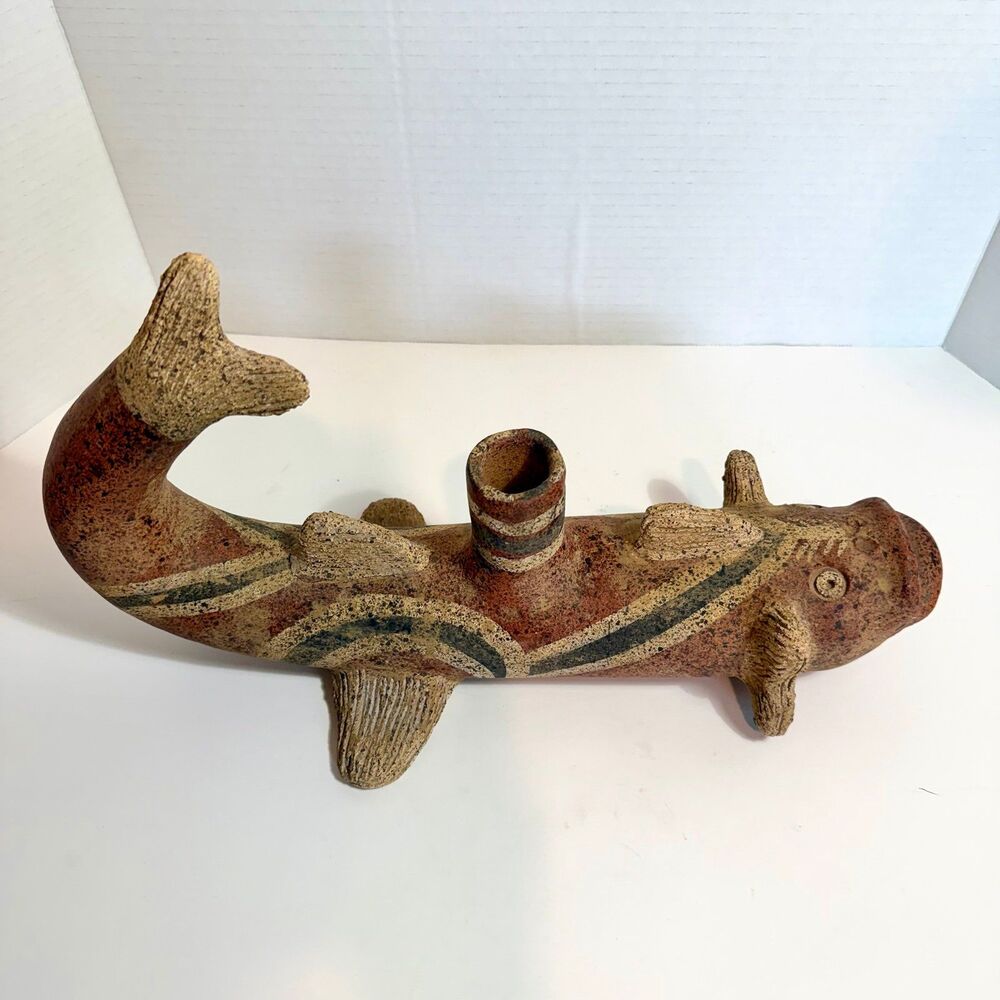 Vintage Mexican Terracotta Fish Candle Holder (c. 1950s–1970s)